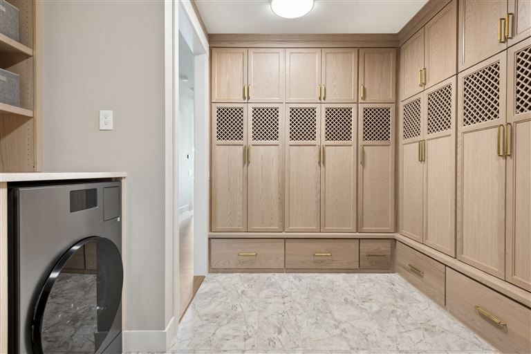 Luxurious contemporary interior with wooden cabinetry in a family home.