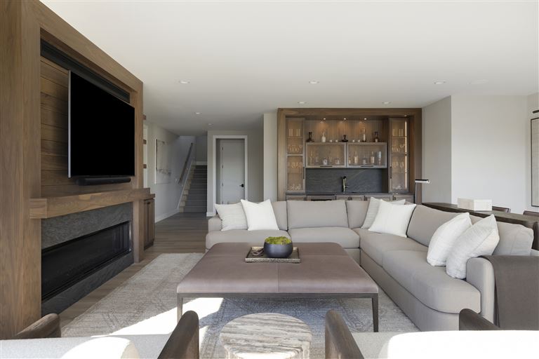 Contemporary minimalist living room with luxury furnishings and natural light.