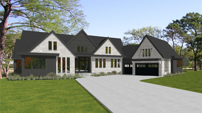 Front elevation rendering of a suburban home with a lawn and driveway.