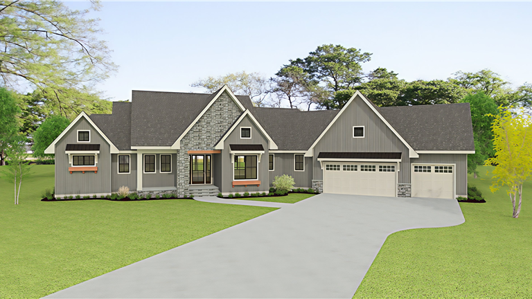 Luxurious suburban home with a spacious driveway and well-maintained lawn.