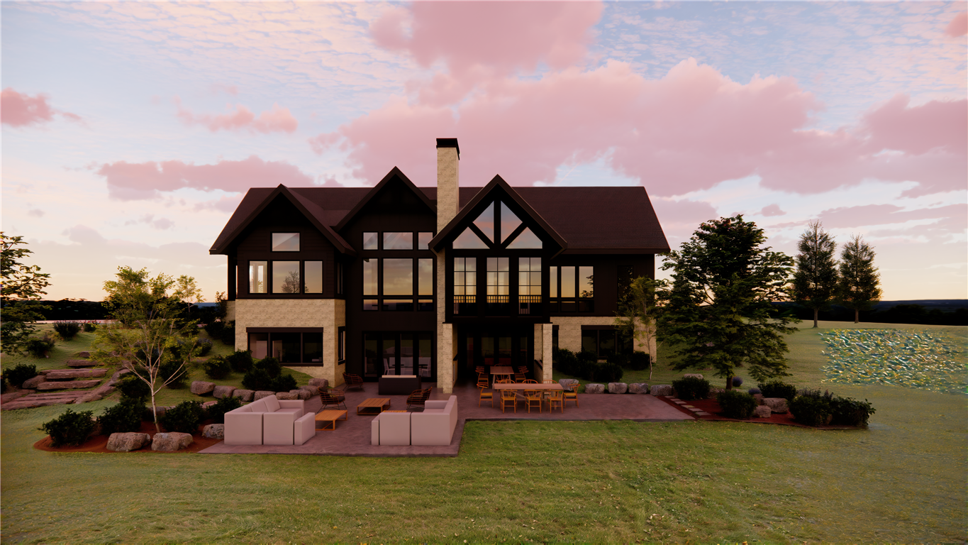 Suburban home with a lawn and trees at sunset.