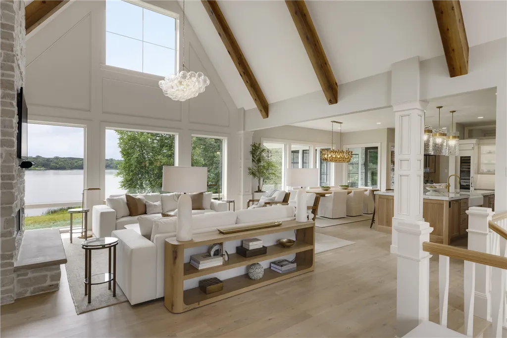 Luxurious contemporary living room with fireplace and modern furniture.