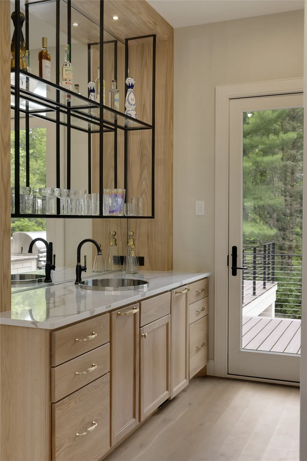 Contemporary luxury interior design with wooden accents and modern furniture.
