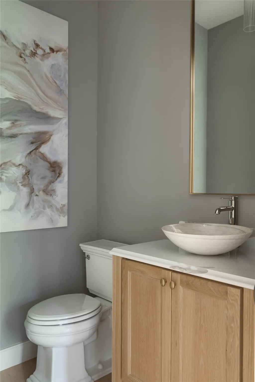 Luxurious minimalist family bathroom with contemporary design, featuring a bathtub, washcloset, and mirror.