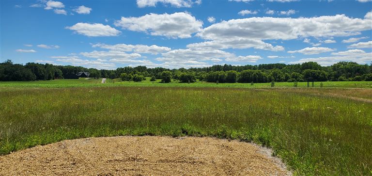 A summer hayfield with a clear sky and scattered clouds in a rural landscape.