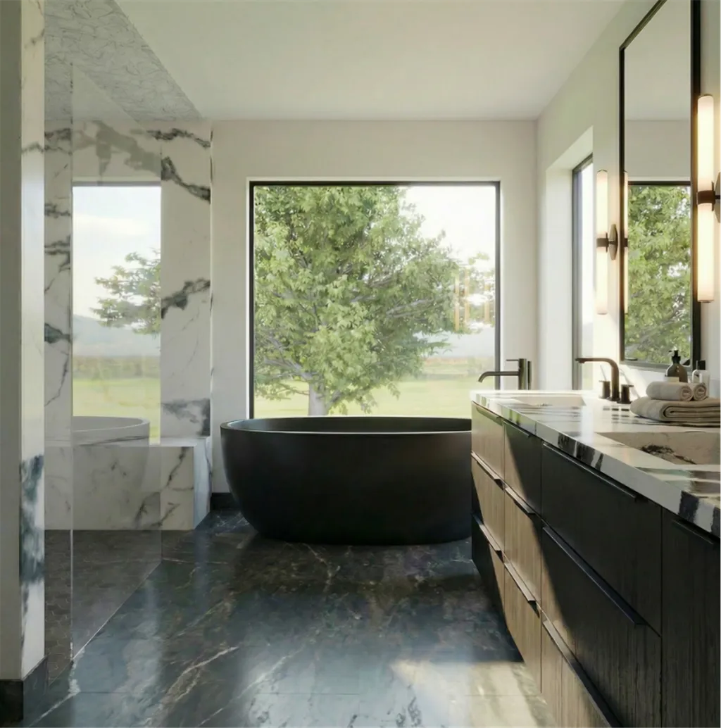 Luxurious modern chalet bathroom with bluff views