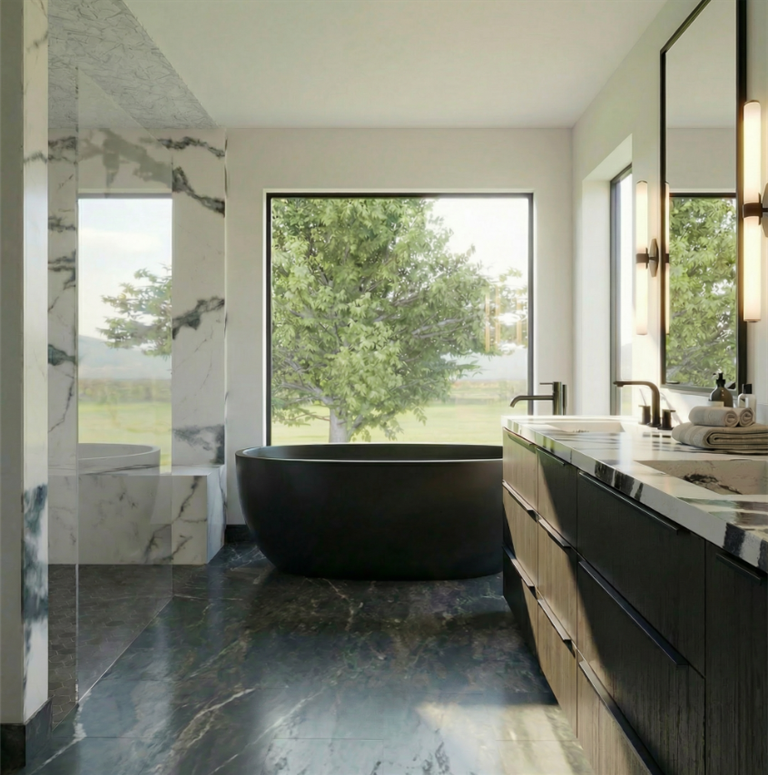 Luxurious modern chalet bathroom with bluff views