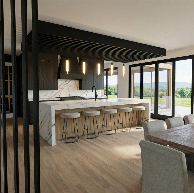 Modern chalet kitchen with large windows and bluff views