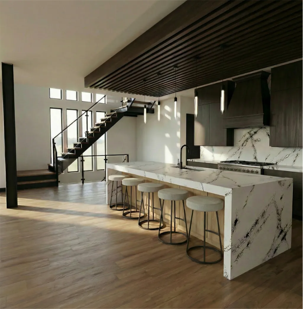 Modern chalet stairway on the bluffs with scenic views