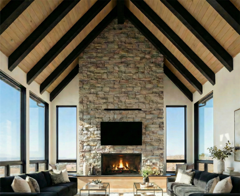 Interior of a modern chalet great room with large windows and a view of the bluffs.