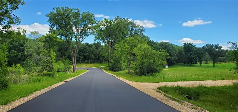 A rural road through a hayfield on a sunny day with trees and a clear sky.