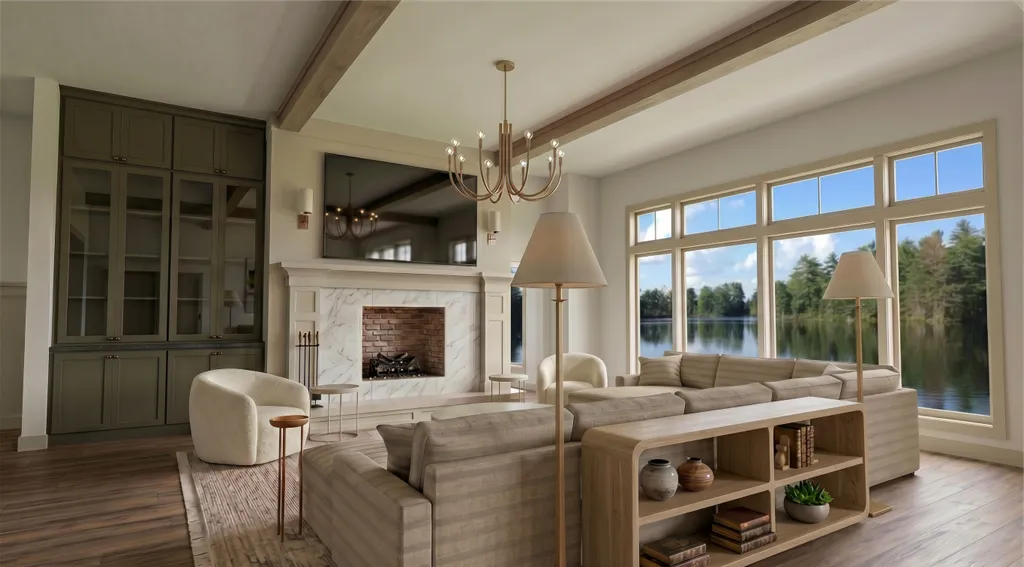 Modern great room at Wildwood on White Bear with contemporary furniture and natural lighting.