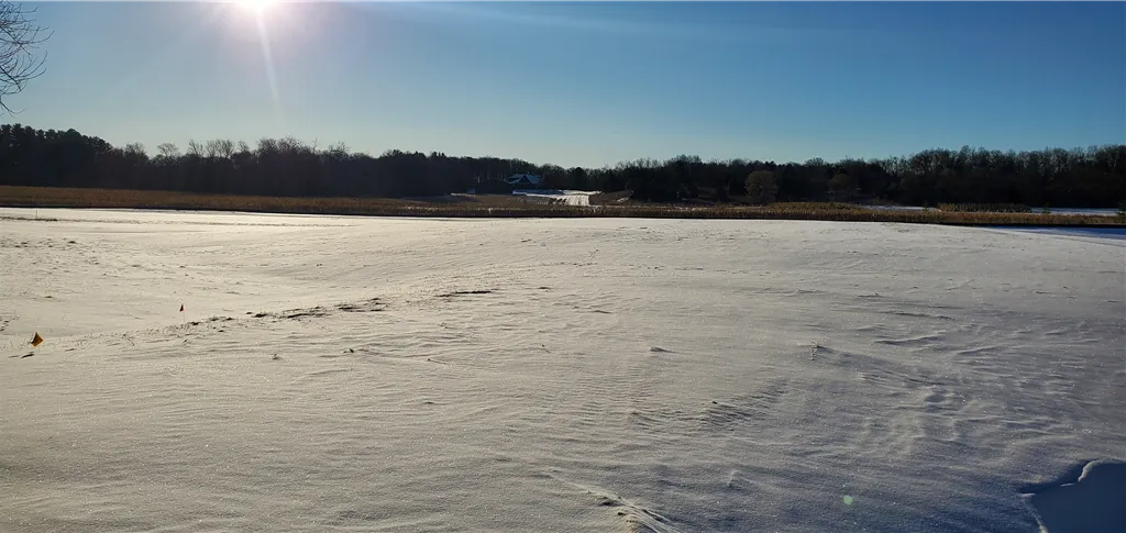 A frozen lake in a winter landscape with snow-covered trees and a dawn sky reflection.