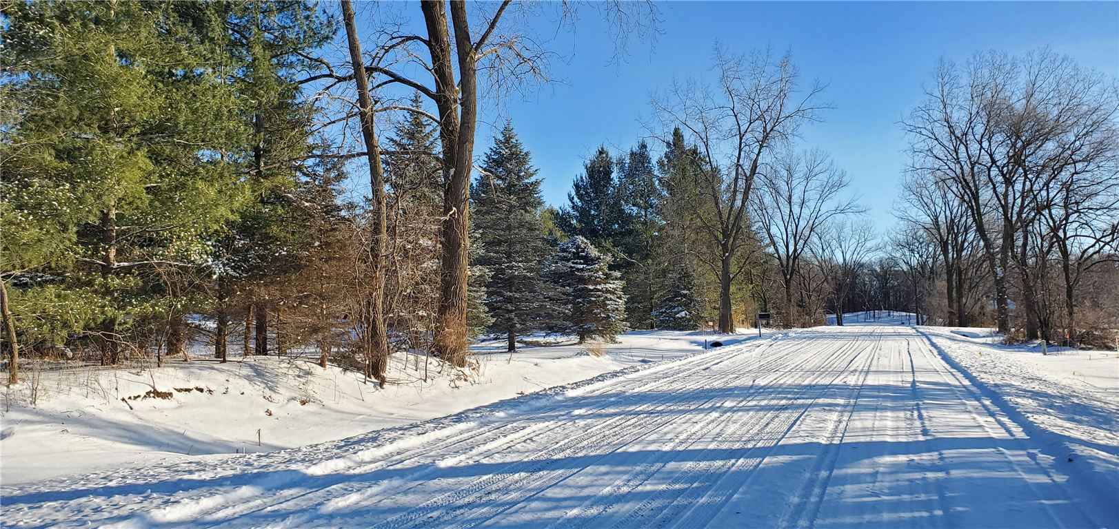 Snow-covered road through a winter landscape at dawn with frosty trees.